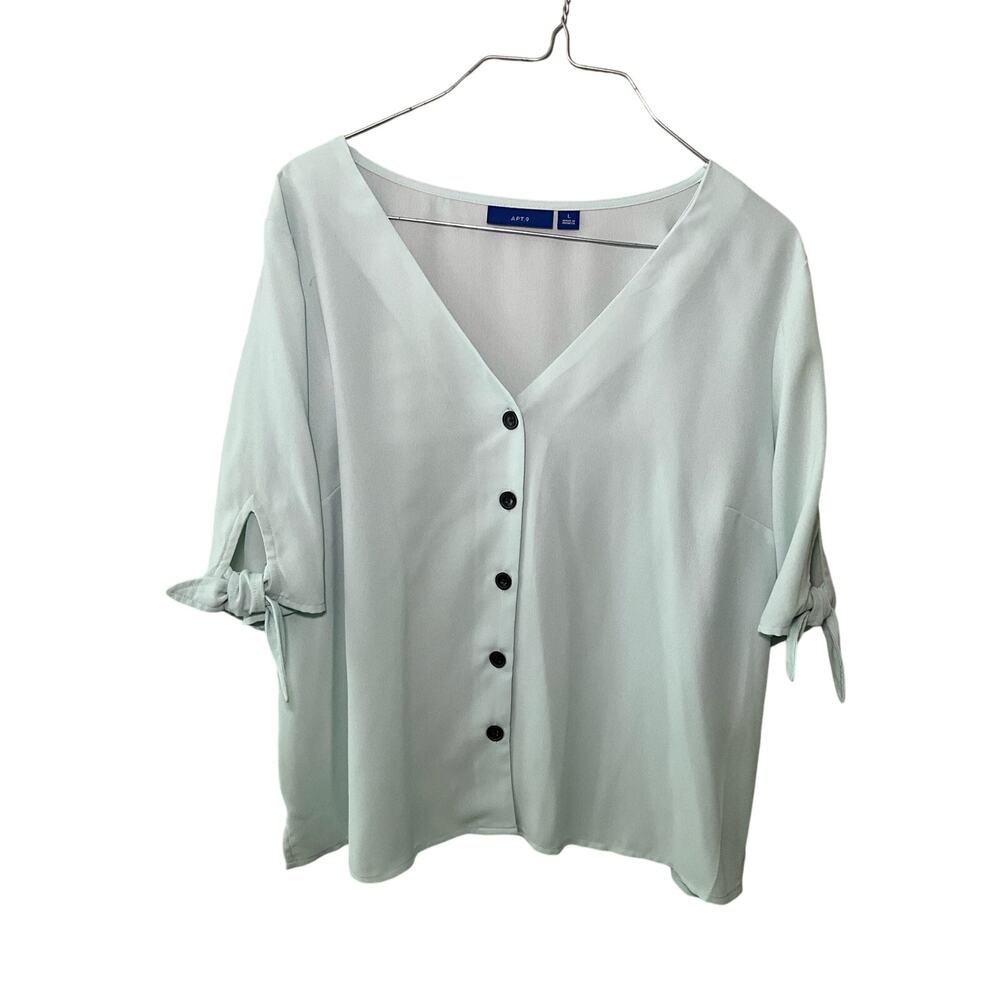 Apt. 9 Womens Button Front Top Blouse Tie Short Sleeve V-Neck Green Sz Large NWT